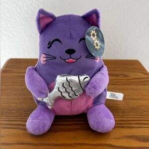 Purple and Pink Cat Plush With Silver Fish, NWT